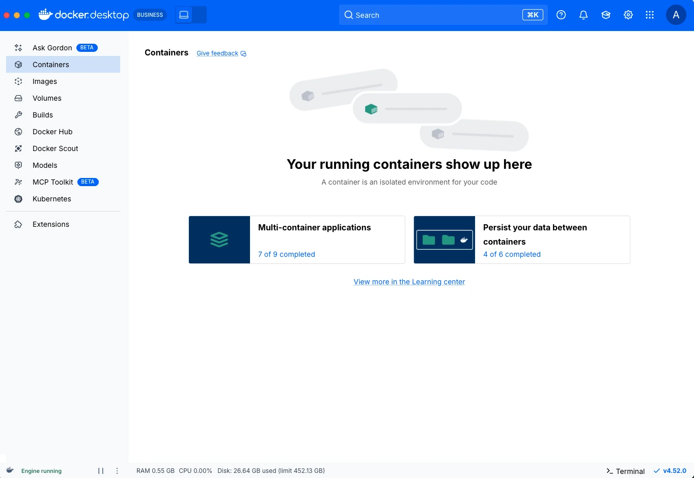 容器视图中的 Docker Desktop Dashboard