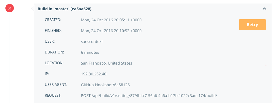 显示重试构建按钮的时间线视图