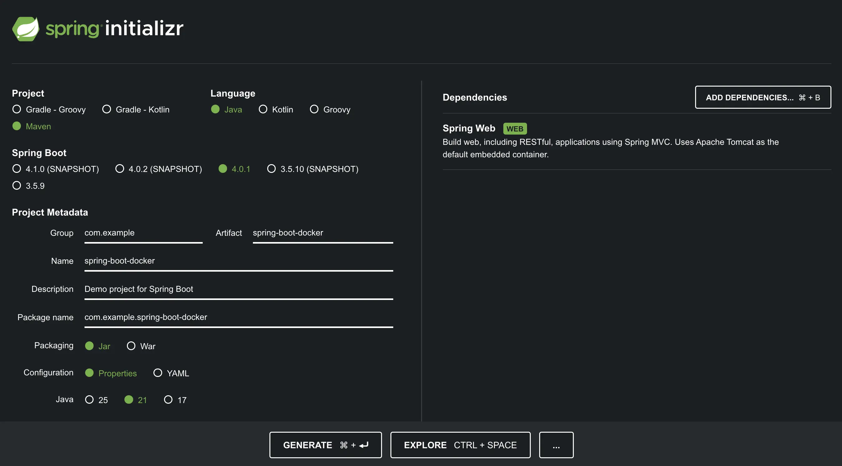 Spring Initializr 工具截图，已选择 Java 21、Spring Web 和 Spring Boot 3.4.0
