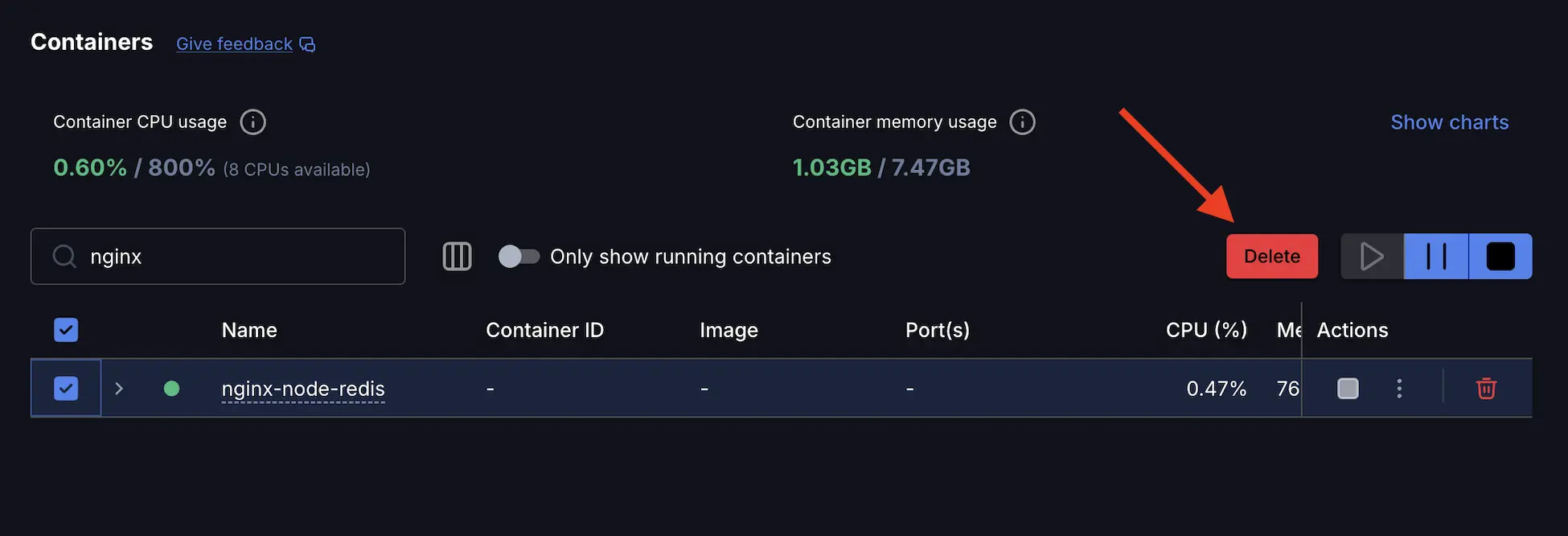 Docker Desktop Dashboard 截图，展示如何删除使用 Docker Compose 部署的容器