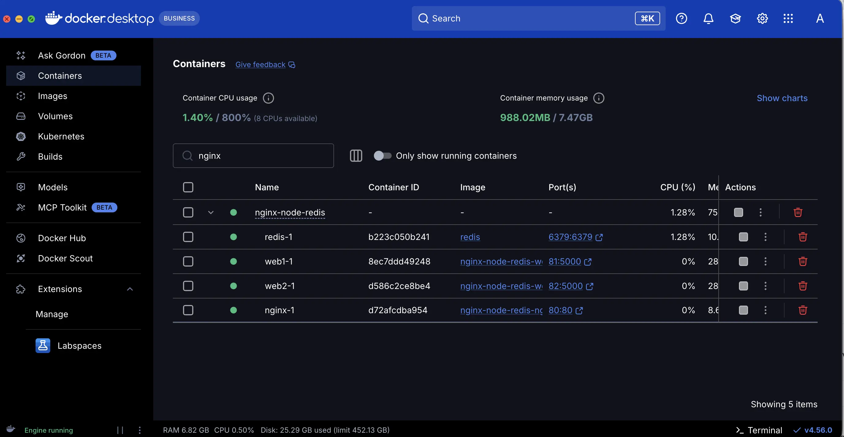 Docker Desktop Dashboard 截图，展示使用 Docker Compose 部署的应用程序堆栈的容器