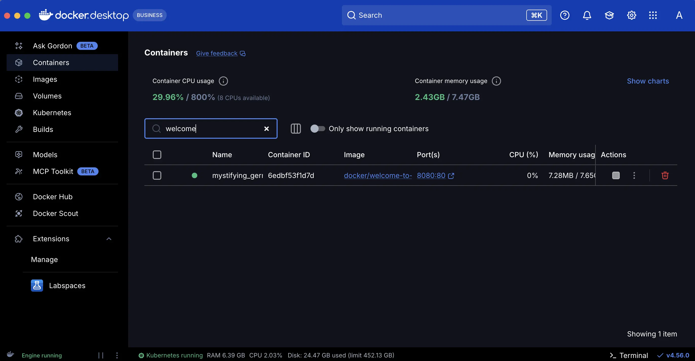显示已发布端口的 Docker Desktop 仪表板屏幕截图