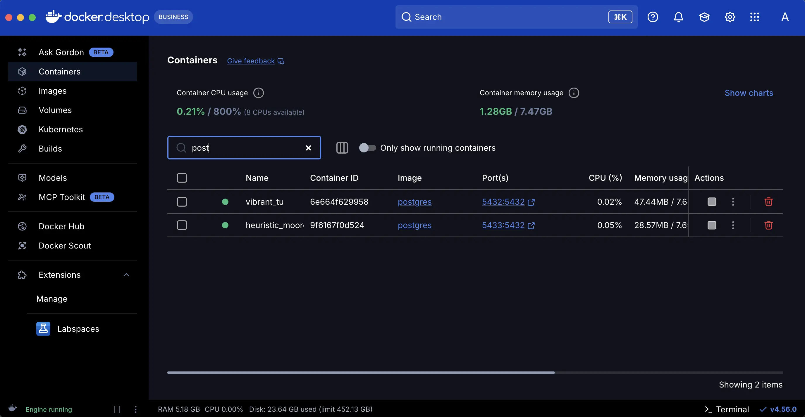 Docker Desktop 仪表板的截图，显示正在运行的 Postgres 容器实例