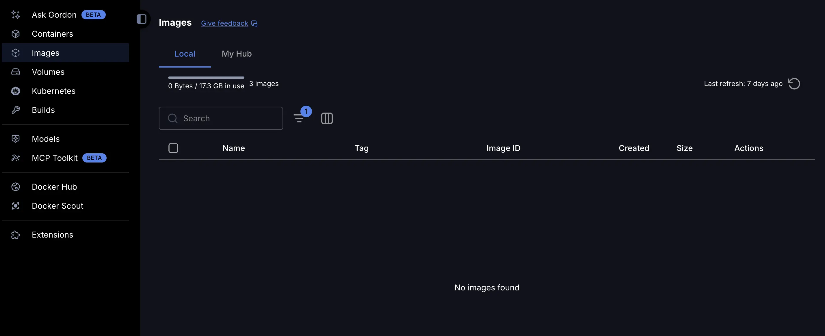 显示左侧边栏中镜像视图的 Docker Desktop 仪表板屏幕截图