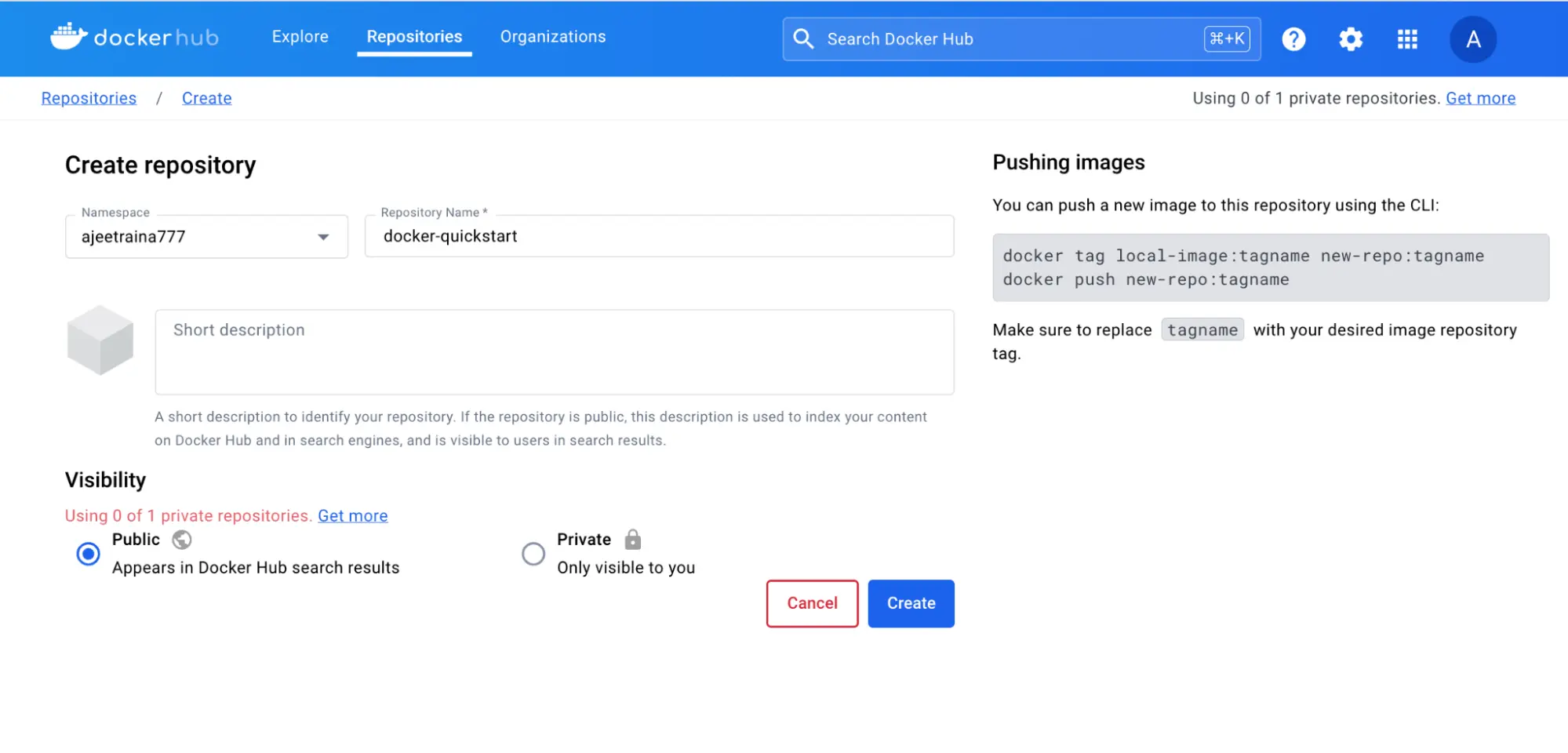 显示如何创建公共仓库的 Docker Hub 页面截图