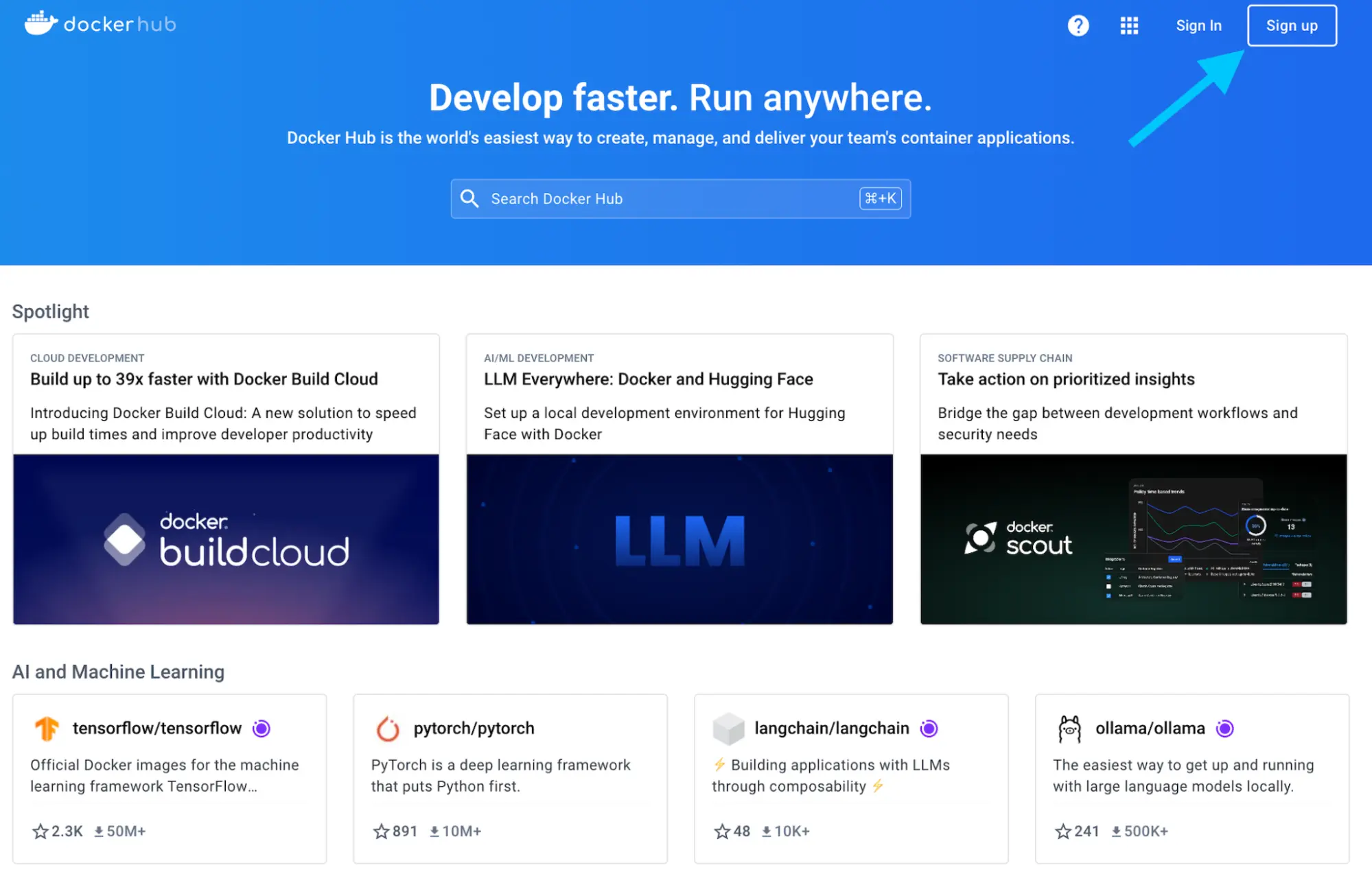 显示官方 Docker Hub 页面的截图，显示注册页面