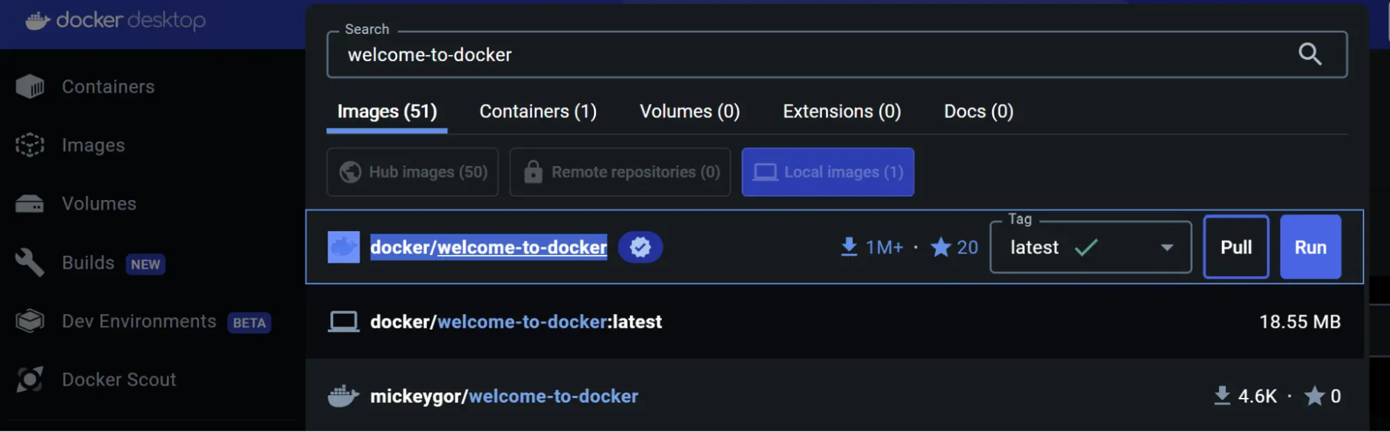 Docker Desktop 仪表板的截图，显示 welcome-to-docker Docker 镜像的搜索结果