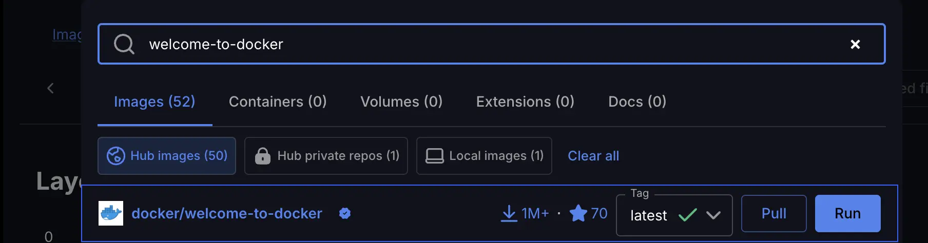显示 docker/welcome-to-docker 镜像搜索结果的 Docker Desktop 仪表板屏幕截图