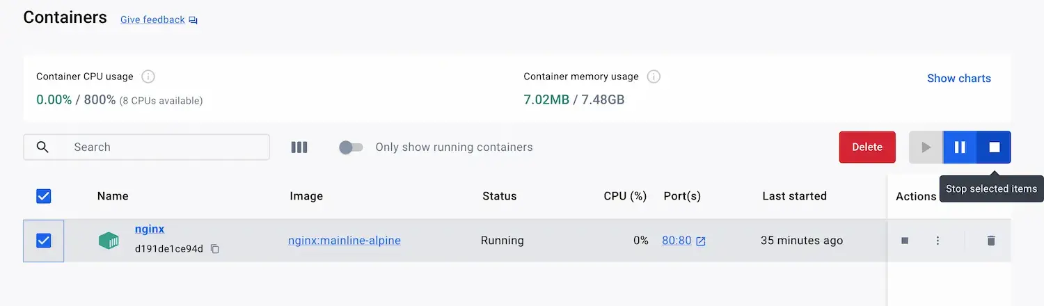 Docker Desktop 仪表板的截图，显示欢迎容器被选中并准备停止
