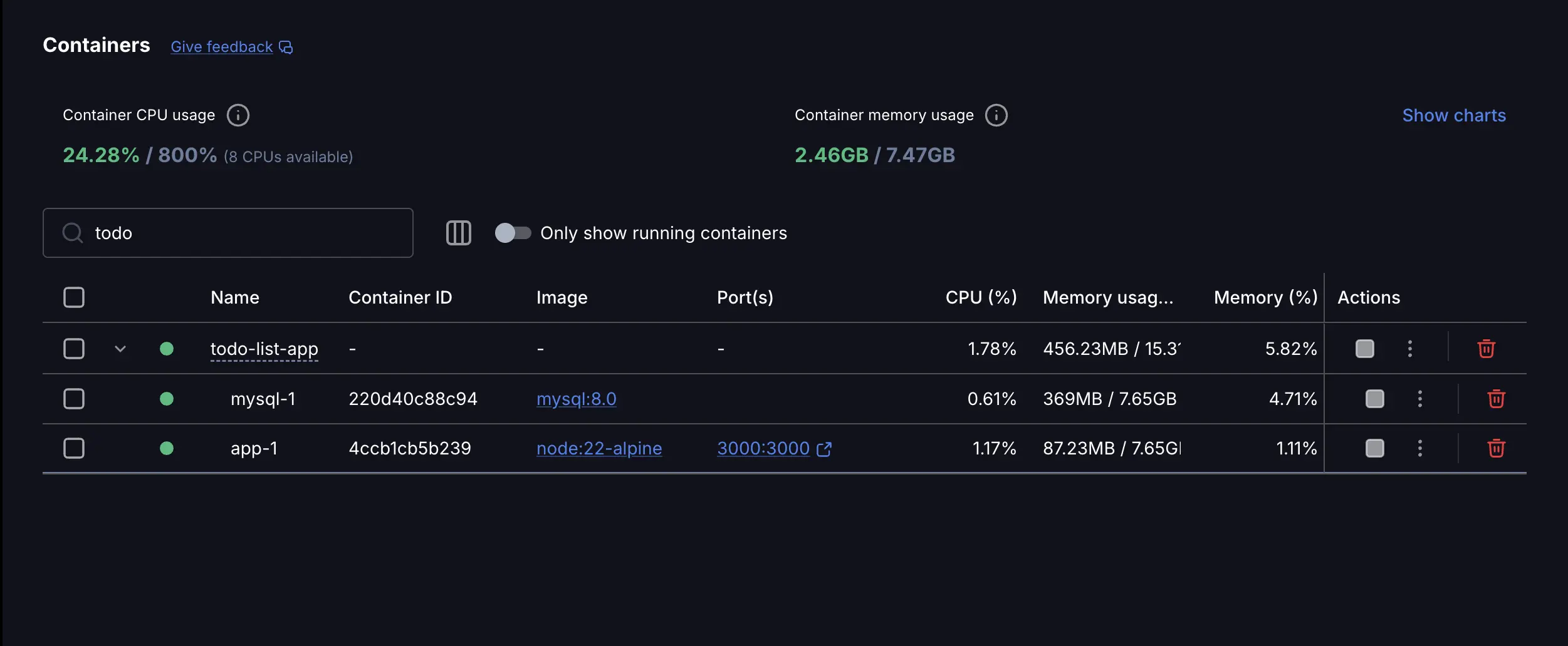 显示运行待办事项列表应用程序的容器列表的 Docker Desktop 仪表板截图