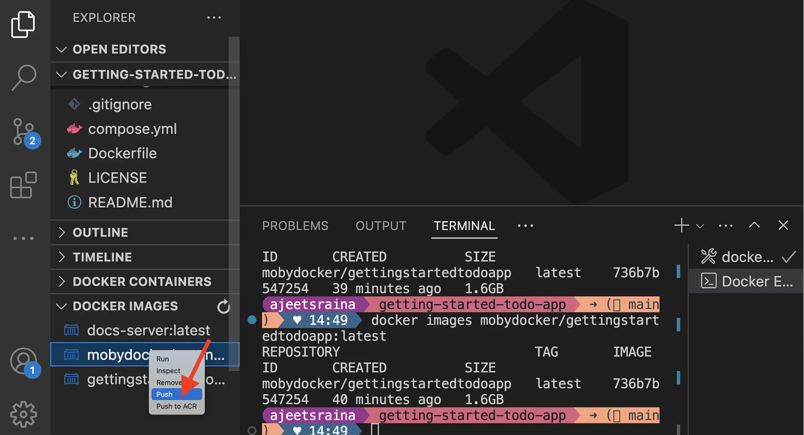 Docker 扩展及右键菜单中推送镜像的截图
