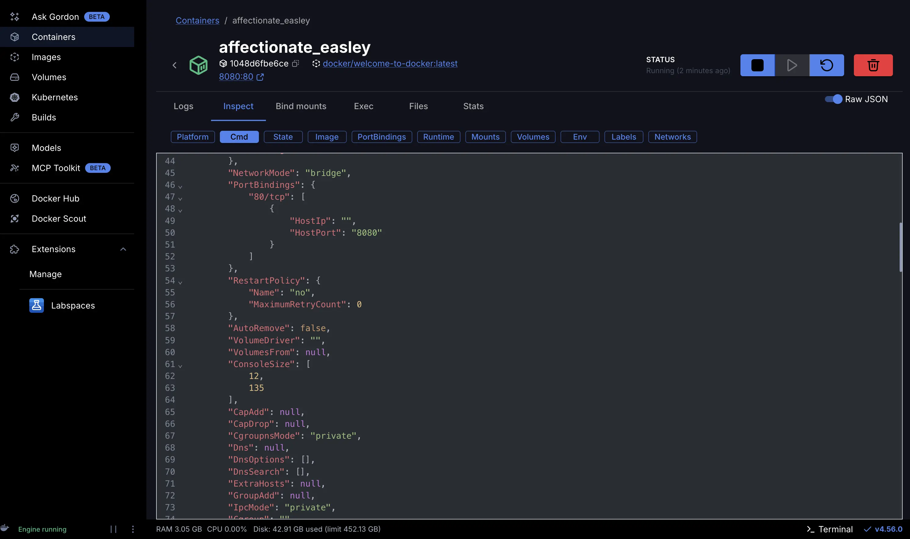 在 Docker Desktop 中检查正在运行的容器的截图